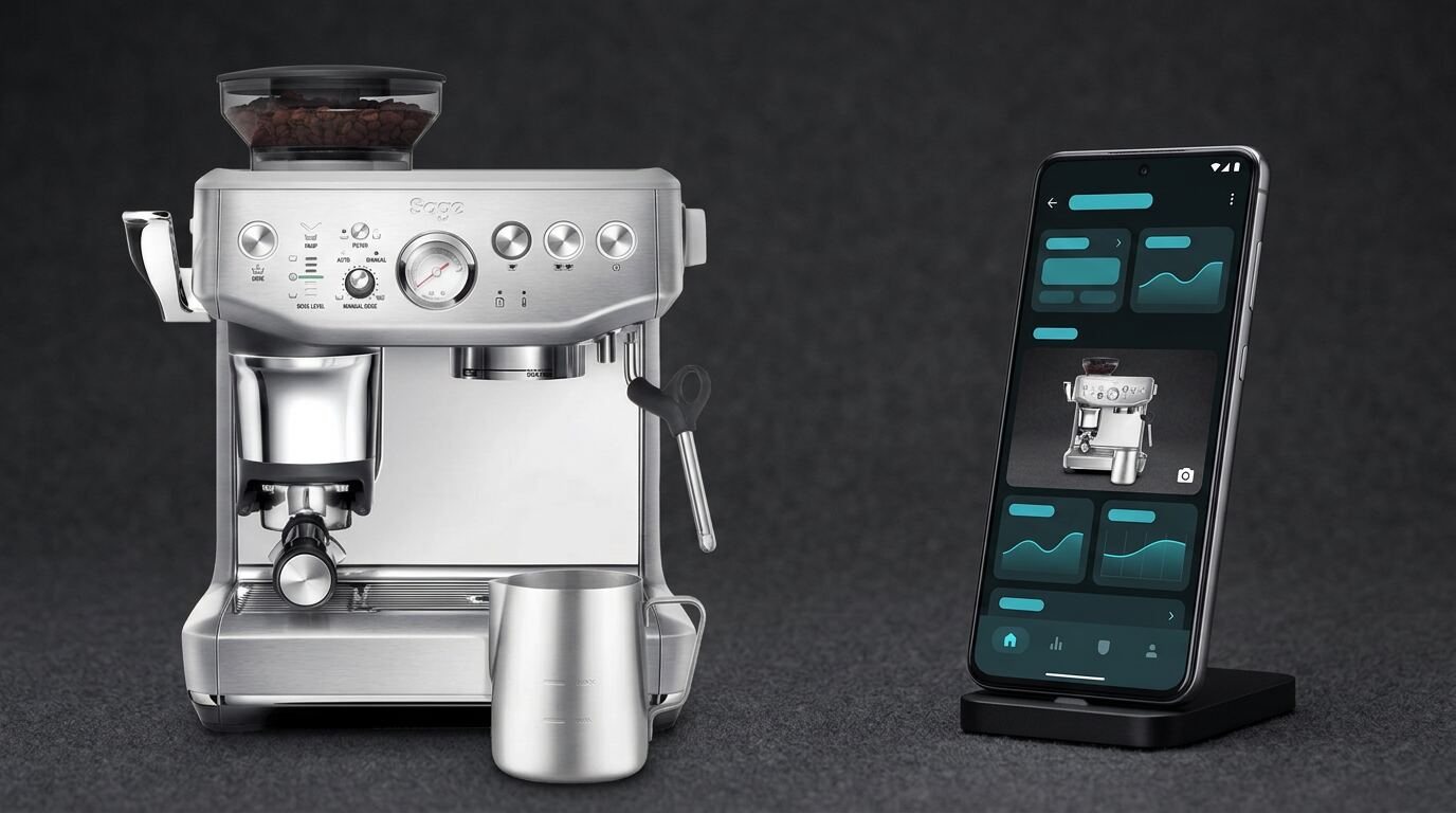 AR app screen shown beside the espresso machine