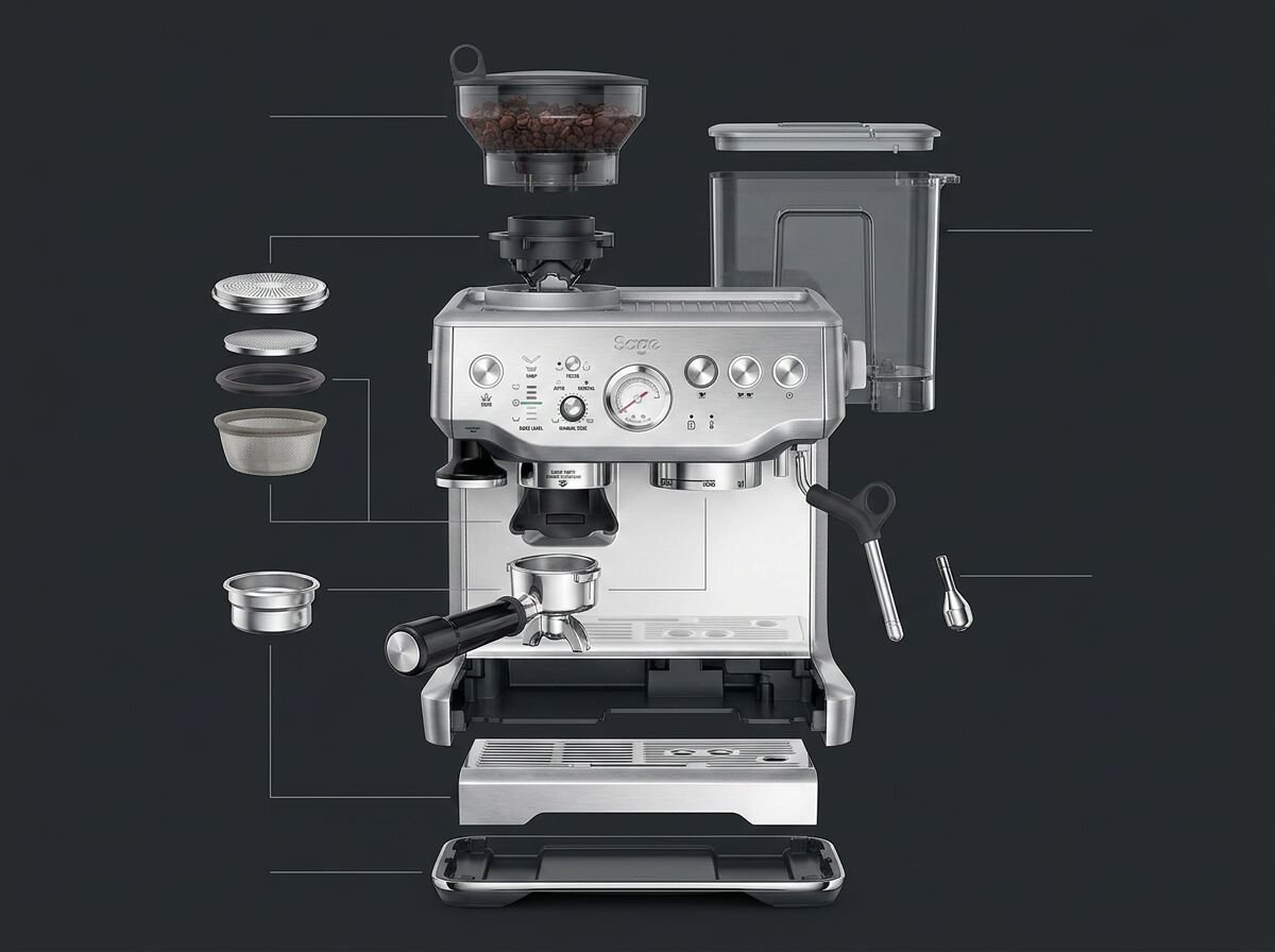 Exploded component view of an espresso machine