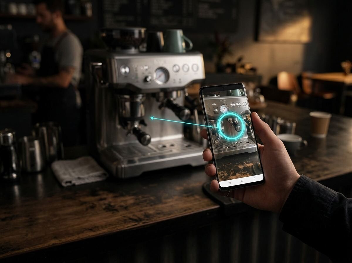 Phone running an AR maintenance app pointed at an espresso machine