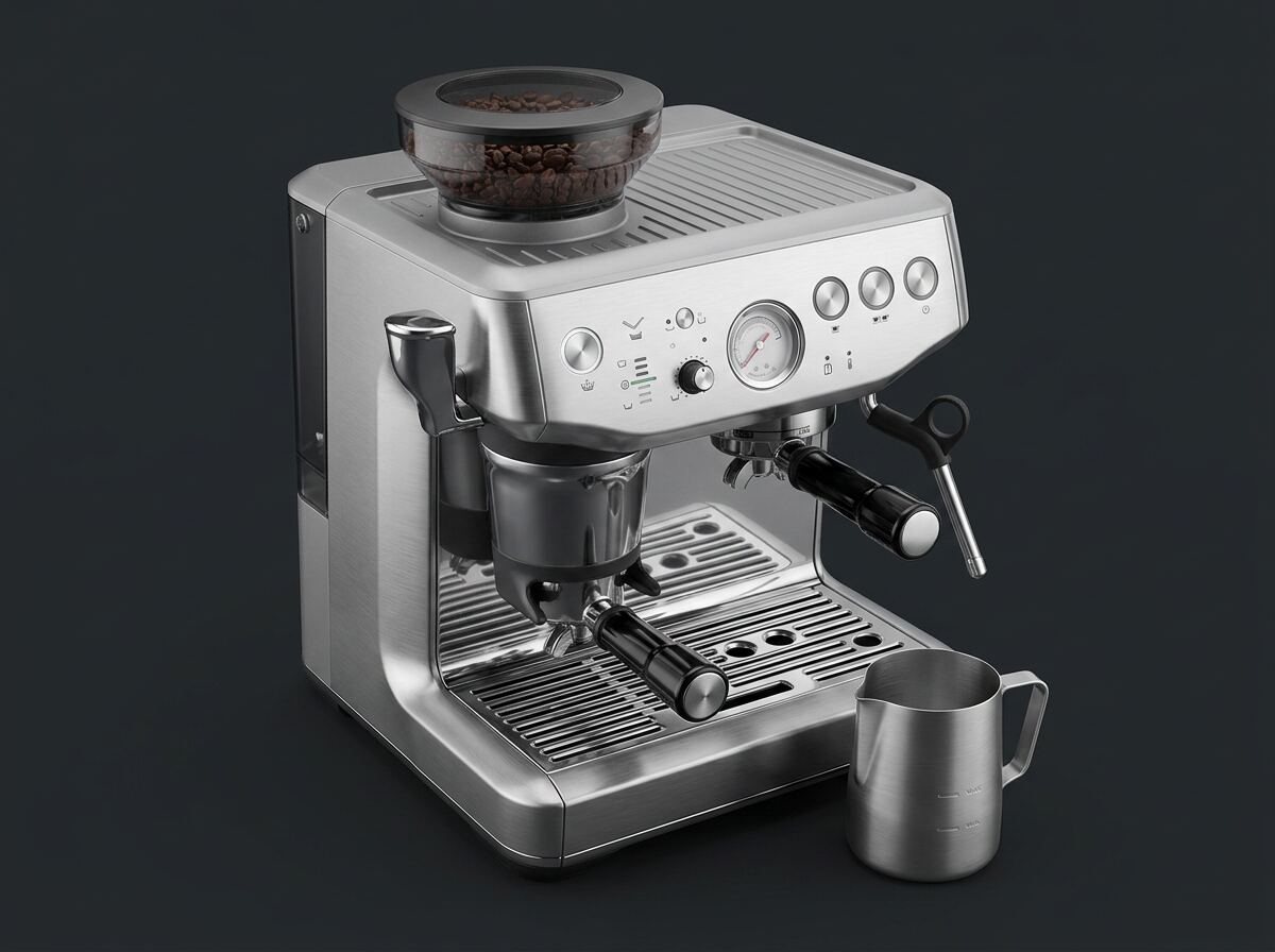 Three-quarter view of the espresso machine used as AR target